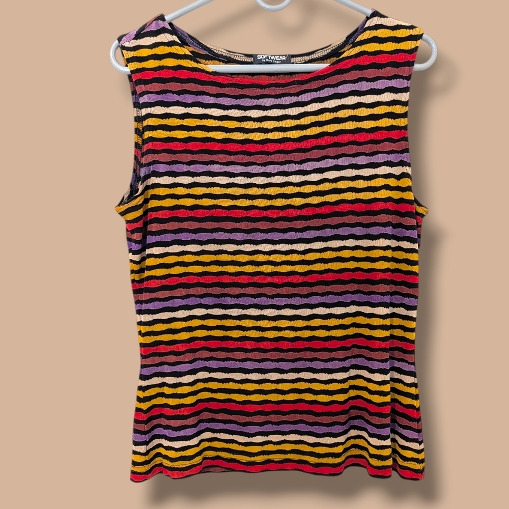 Softwear By Mark Singer Vintage Multicolor Striped Sleeveless Top M Retro